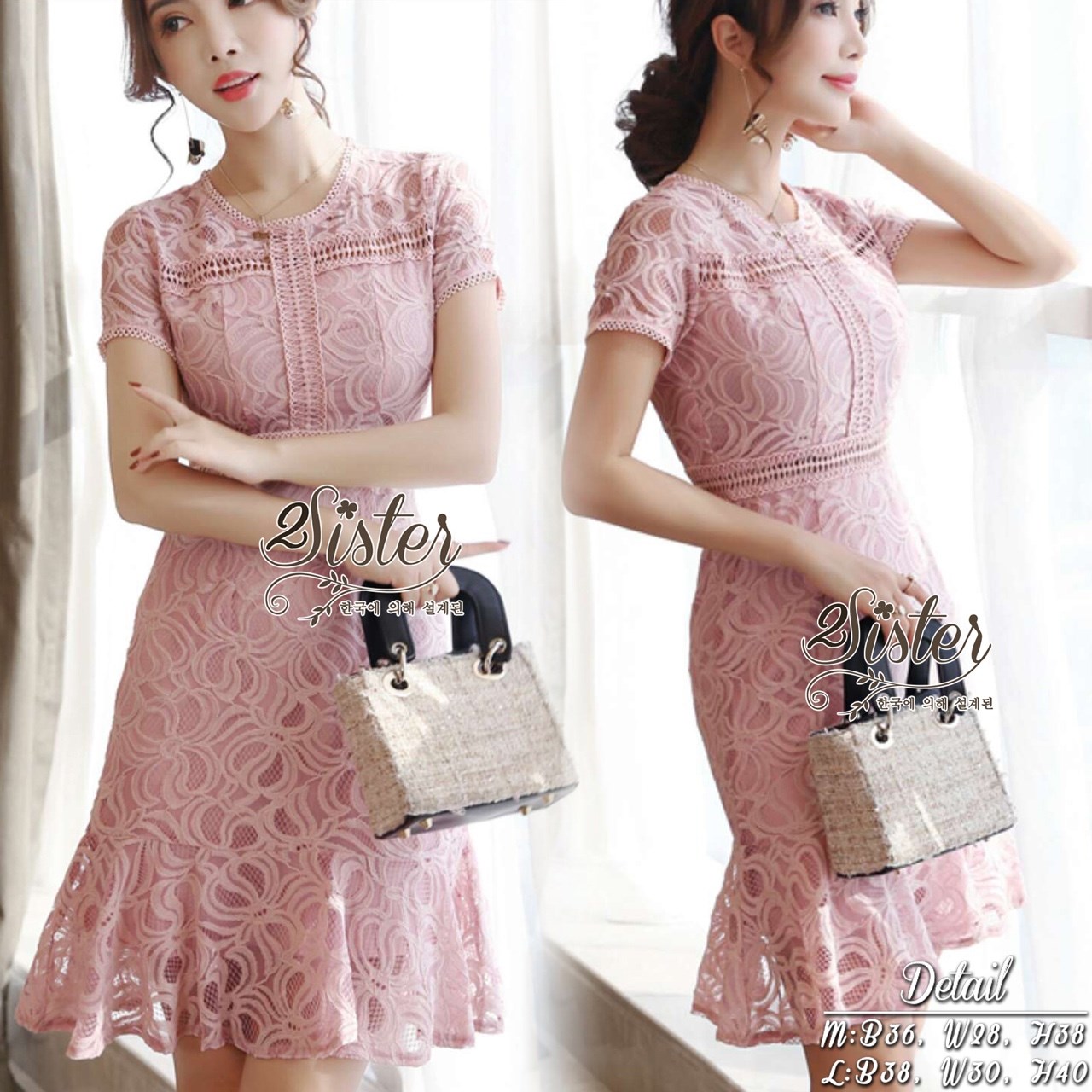 เดรสเกาหลี พร้อมส่ง เดรสสั้น ลุคสวยหรู เนื้อผ้าลูกไม้