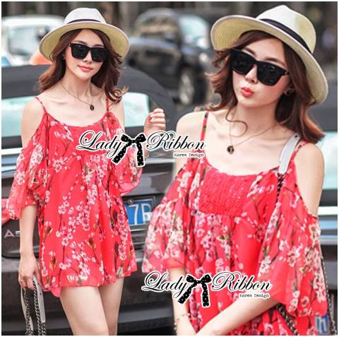 พร้อมส่ง เดรสสายเดี่ยวเปิดไหล่ผ้าชีฟอง