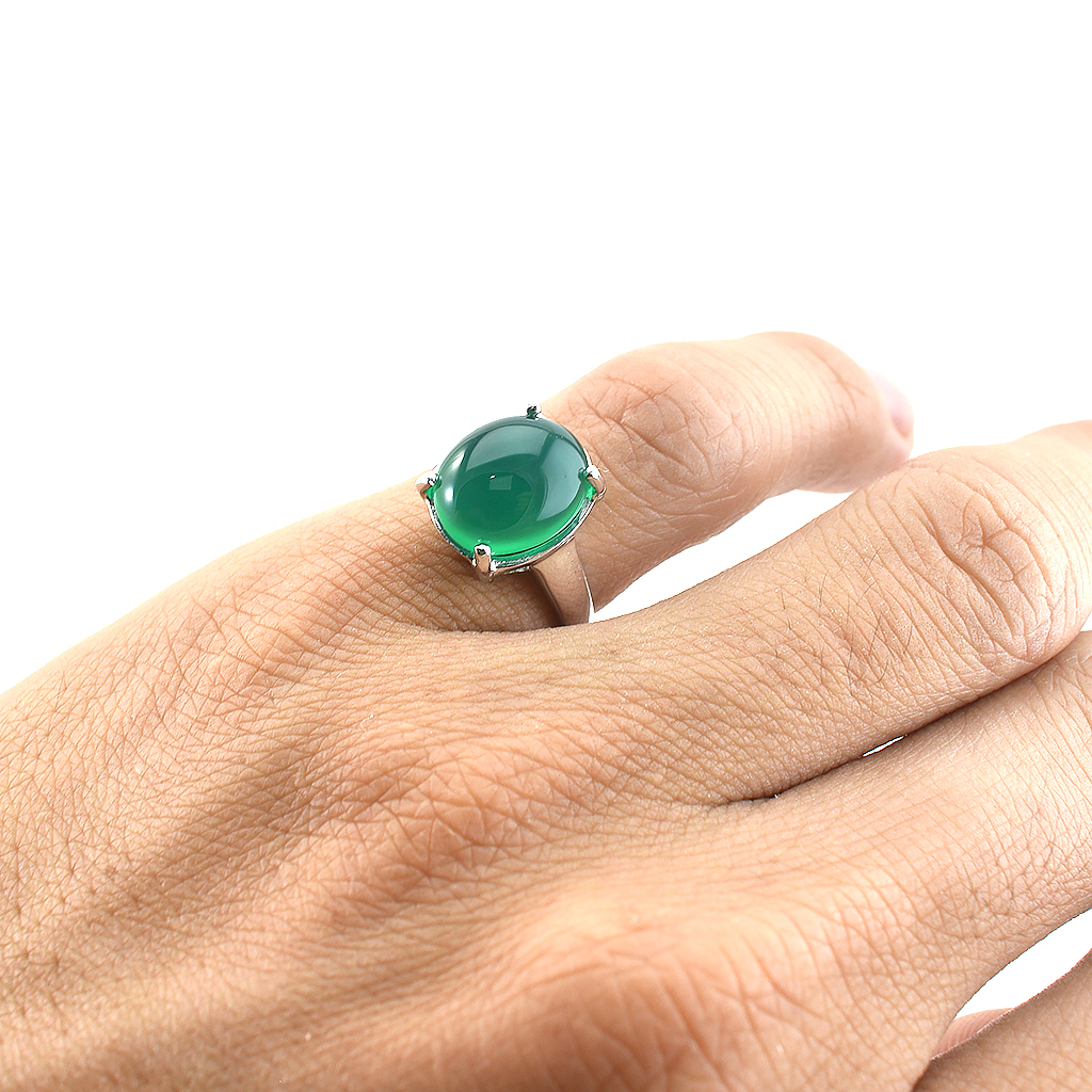 SKJewelryFactory แหวนเม็ดเดี่ยว พลอยเม็ดใหญ่ แหวนเงินแท้ 92.5% ฝังพลอยกรีนอะเกทแท้ ER02400-GAC