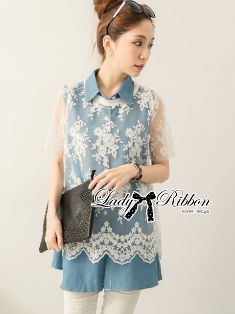 พร้อมส่ง เชิ้ตเดรสผ้าคอตตอนประดับผ้าลูกไม้