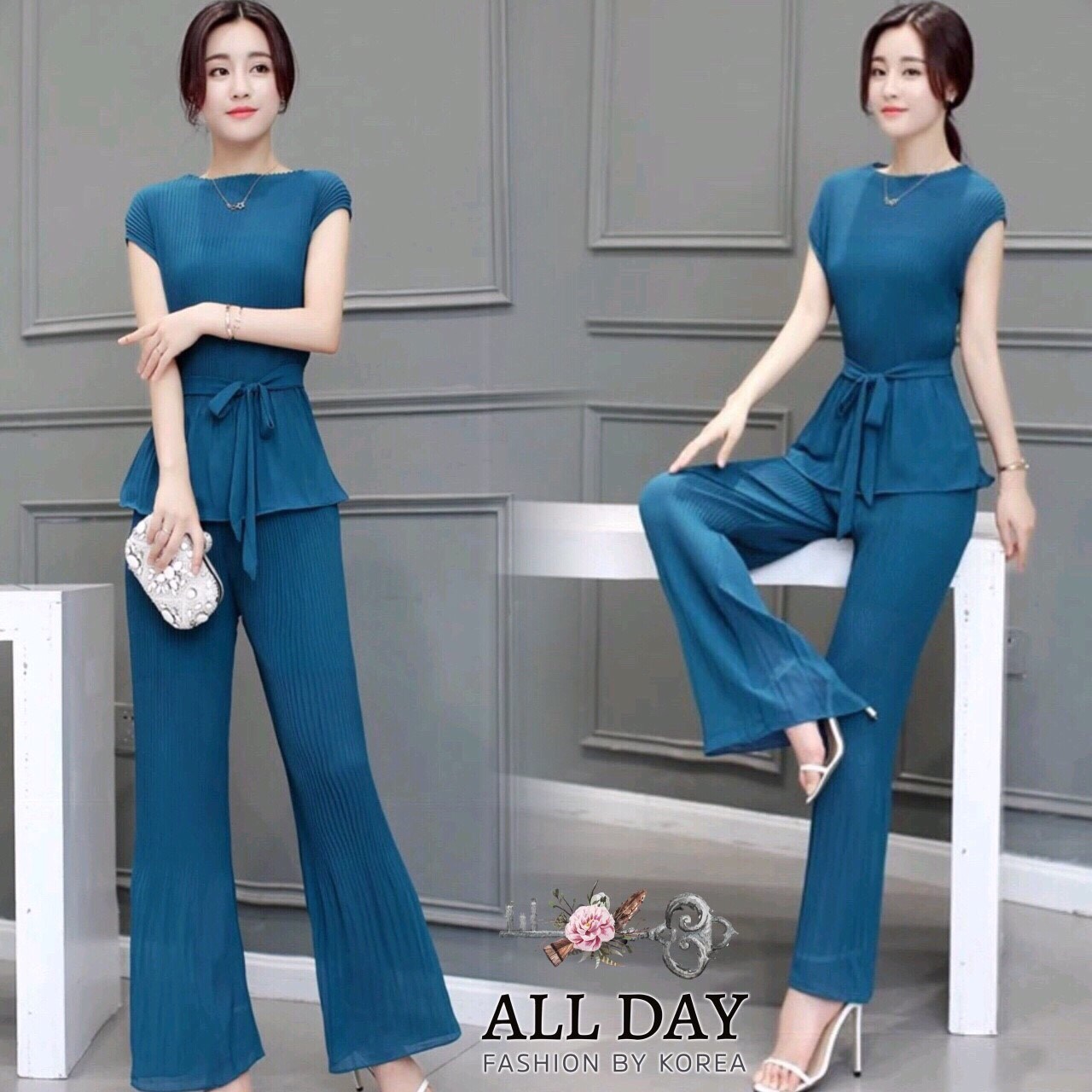 เสื้อผ้าเกาหลี พร้อมส่ง ชุดเซ็ตเสื้อ+กางเกง ผ้าชีฟองอัดพลีท