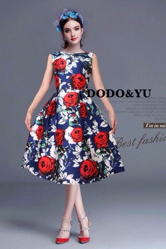 พร้อมส่ง ชุดเดรสผ้าพิมพ์ลายดิจิตอล ลายดอกกุหลาบ
