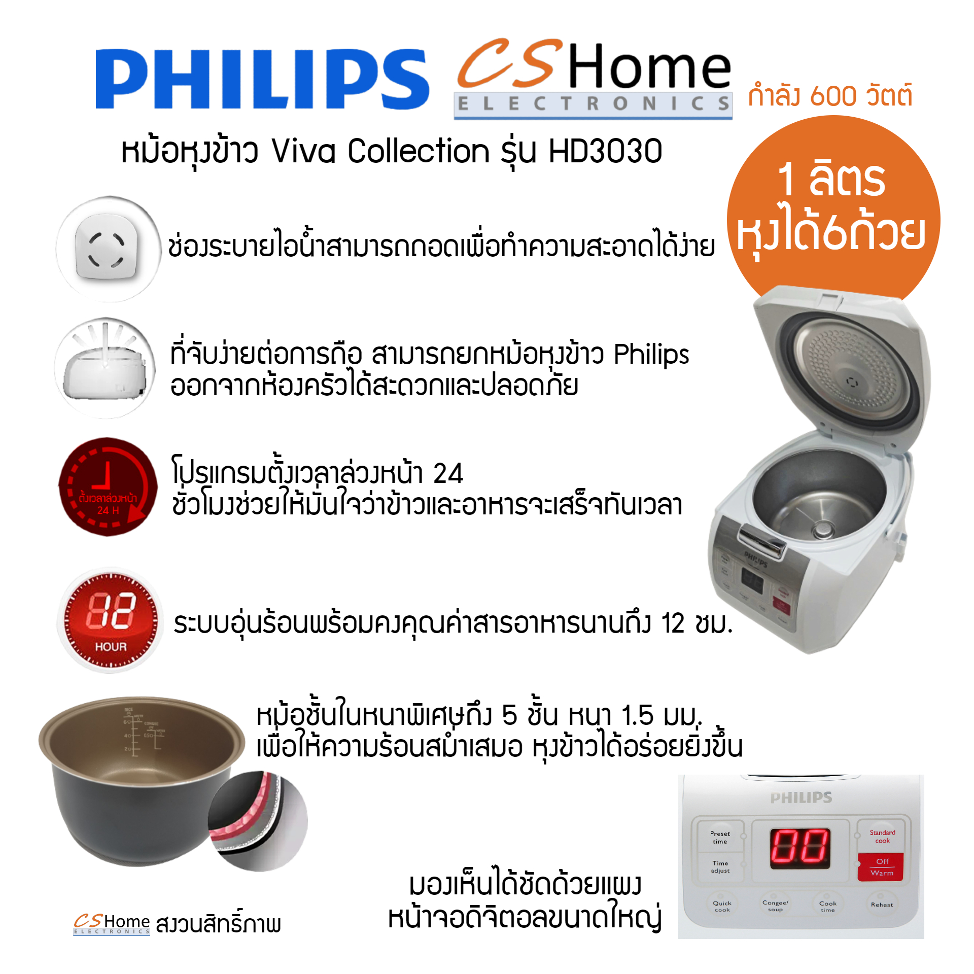 Philips หม้อหุงข้าวดิจิตอล 1 ลิตร รุ่น HD3030 (White) รับประกันสินค้า 2ปี
