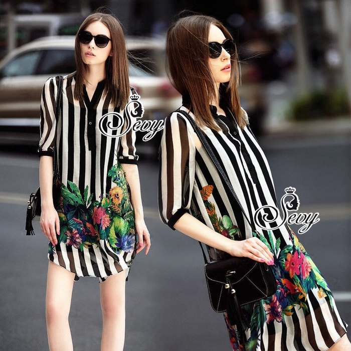 พร้อมส่ง เดรสเกาหลี เดรสสั้นทรงเชิ้ตคอปกพิมพ์ลายทาง