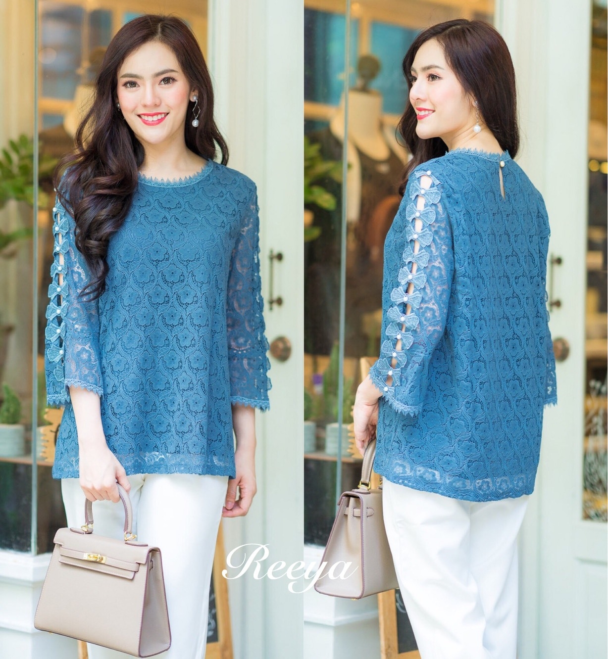 เสื้อเกาหลี พร้อมส่ง เสื้อลูกไม้ แขนยาวสี่ส่วน