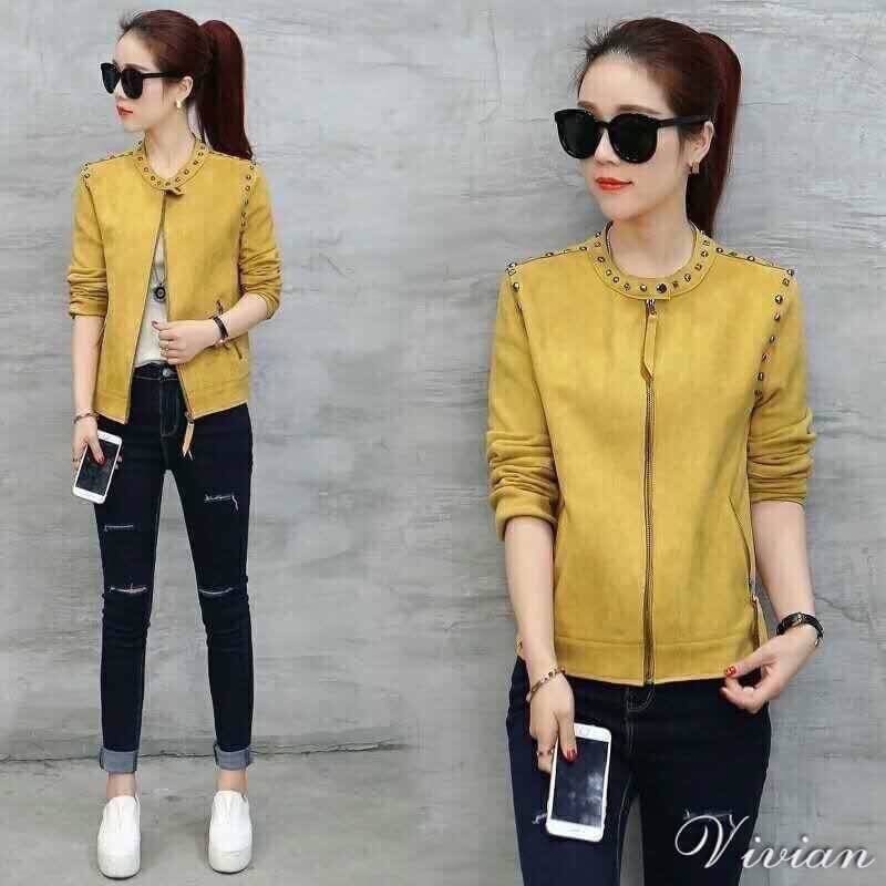 เสื้อเกาหลี พร้อมส่ง Jacket งานหนังกลับปักหมุดอย่างเท่ห์