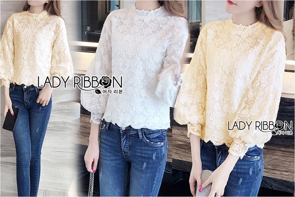 เสื้อเกาหลี พร้อมส่ง เสื้อผ้าลูกไม้ สีขาวสไตล์วินเทจเฟมินีน