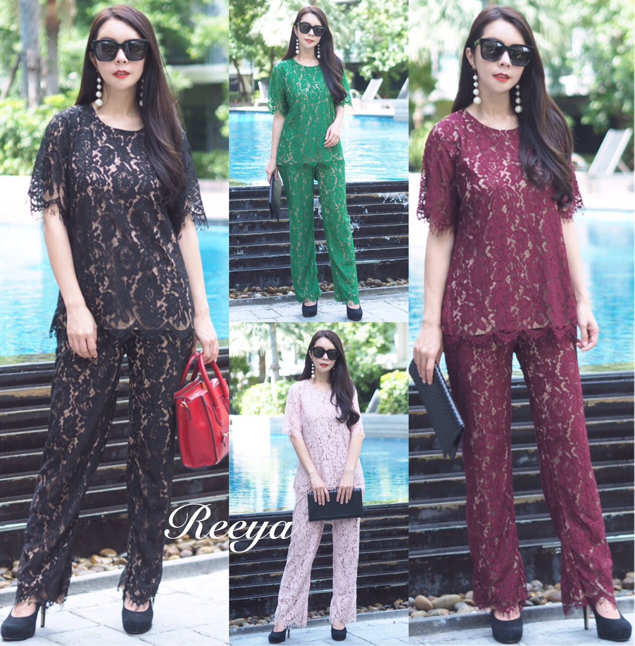 เสื้อผ้าเกาหลี พร้อมส่ง เสื้อลูกไม้+กางเกงลูกไม้ขายาว 8ส่วน
