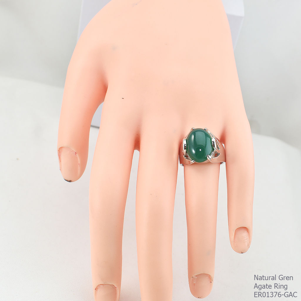 SKJewelryFactory แหวนพลอยหลังเต่าสีเขียว แหวนเงินแท้ฝังพลอยกรีนอะเกทแท้ ER01376-GAC