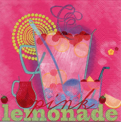 แนวภาพอาหาร แก้ว Lemonade บนพื้นสีชมพูเข้ม เป็นกระดาษ 4 บล๊อค กระดาษแนพคินสำหรับทำงาน เดคูพาจ Decoupage Paper Napkins เป็นภาพ 4 บล๊อค ขนาด 25X25 ซม