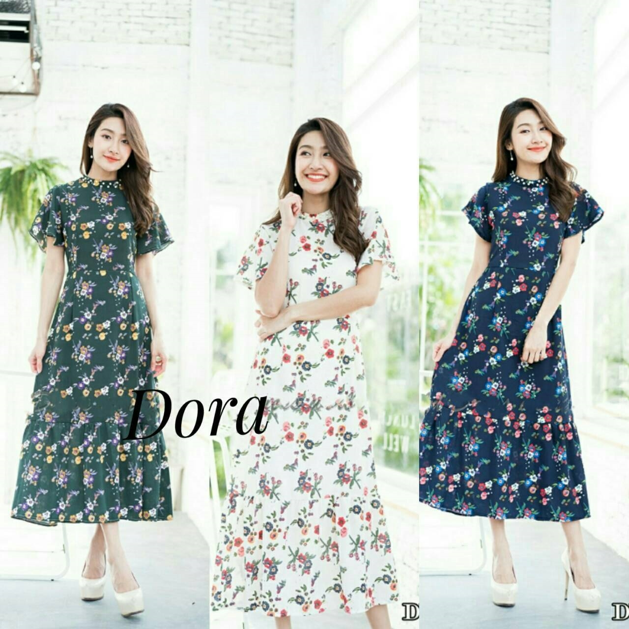 ชุดเดรสเกาหลี พร้อมส่ง เดรสยาว แขนระบายพริ้วๆ