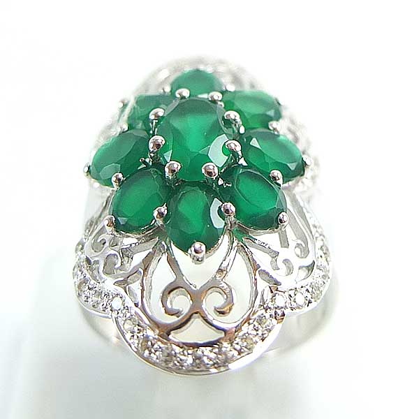 SKJewelryFactory แหวนที่เหมาะกับใส่นิ้วกลาง แหวนเงินแท้ 92.5% ฝังพลอยกรีนอะเกทแท้ แหวนดอกไม้ใหญ่ ER01134-GAG