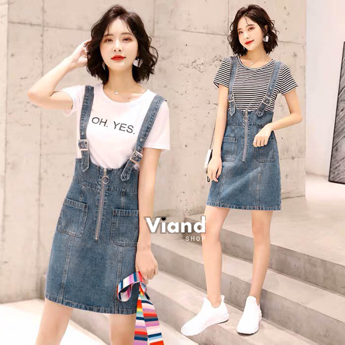 เสื้อผ้าแฟชั่นเกาหลี พร้อมส่ง เสื้อผ้านิ่ม+เอี้ยมกระโปรงยีน