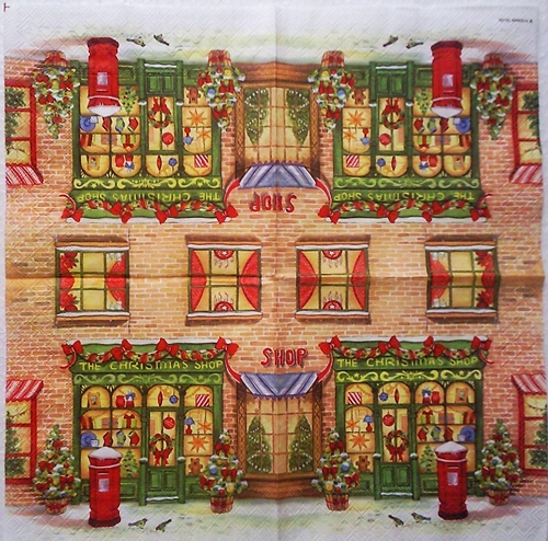 แนวภาพคริสต์มาส The Christmas Shopเป็นภาพบล็อค 4 กระดาษแนพกิ้นสำหรับทำงาน เดคูพาจ Decoupage Paper Napkins ขนาด 33X33cm
