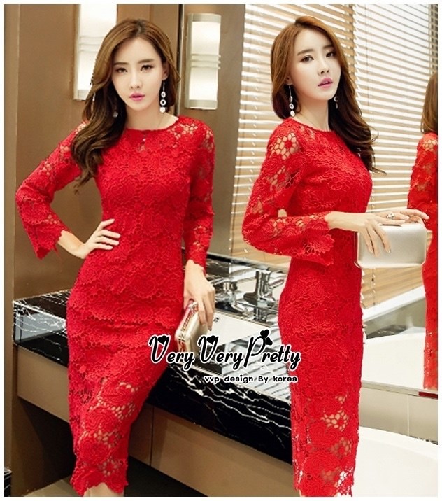 เดรสลูกไม้ พร้อมส่ง เดรสตัวยาว ทรงคอกลม