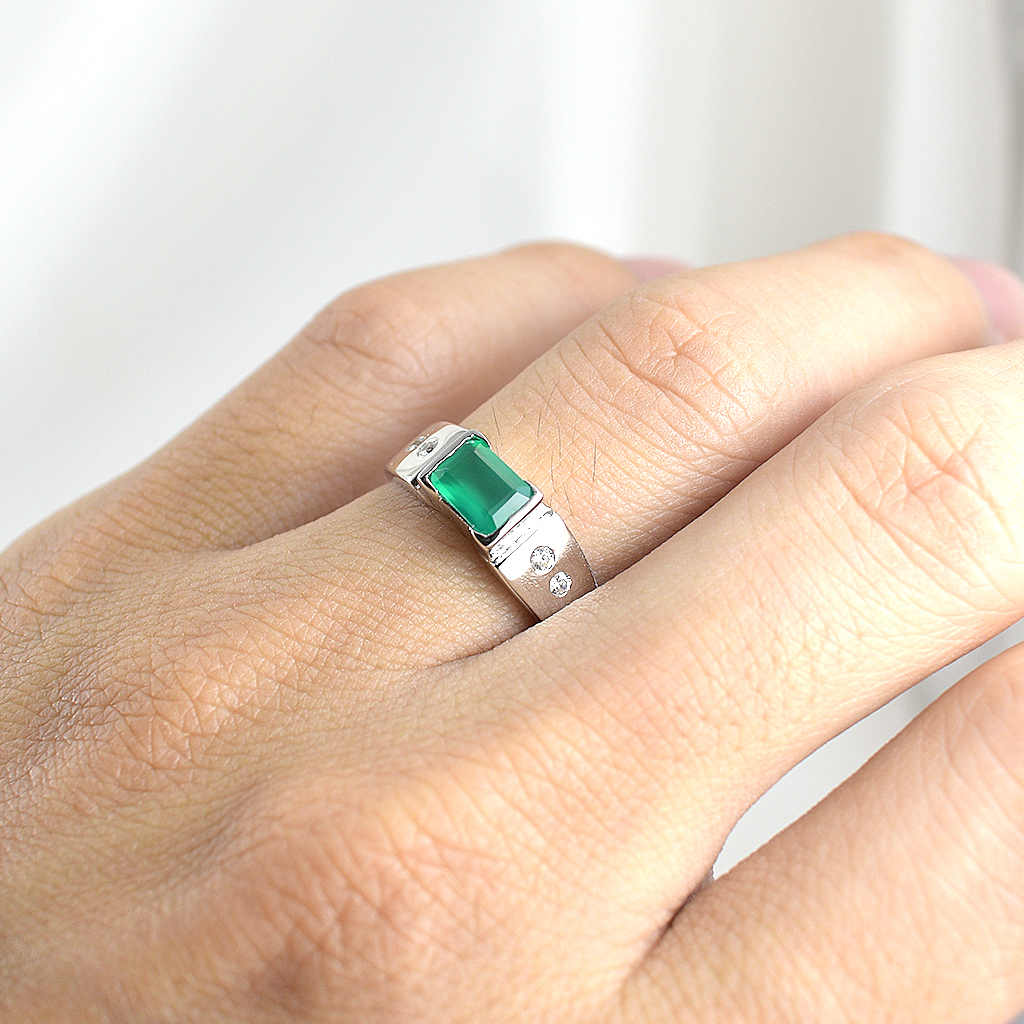 SKJewelryFactory แหวนพลอยเหลี่ยม แหวนเงินแท้ 92.5% ฝังพลอยกรีนอะเกทแท้ ER02351-GAG