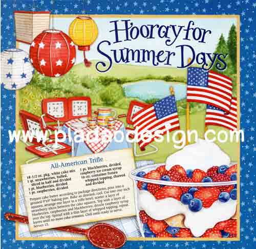 กระดาษสาพิมพ์ลาย สำหรับทำงาน เดคูพาจ Decoupage แนวภาำพ วันพักผ่อนสบายๆ Hooray for summer days กับ สูตรทำขนม All American trifle สีสด (ปลาดาวดีไซน์)