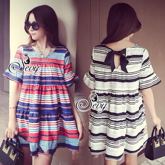 พร้อมส่ง มินิเดรสลายขวาง ช่วงแขนจับระบายเป็นเลเยอร์