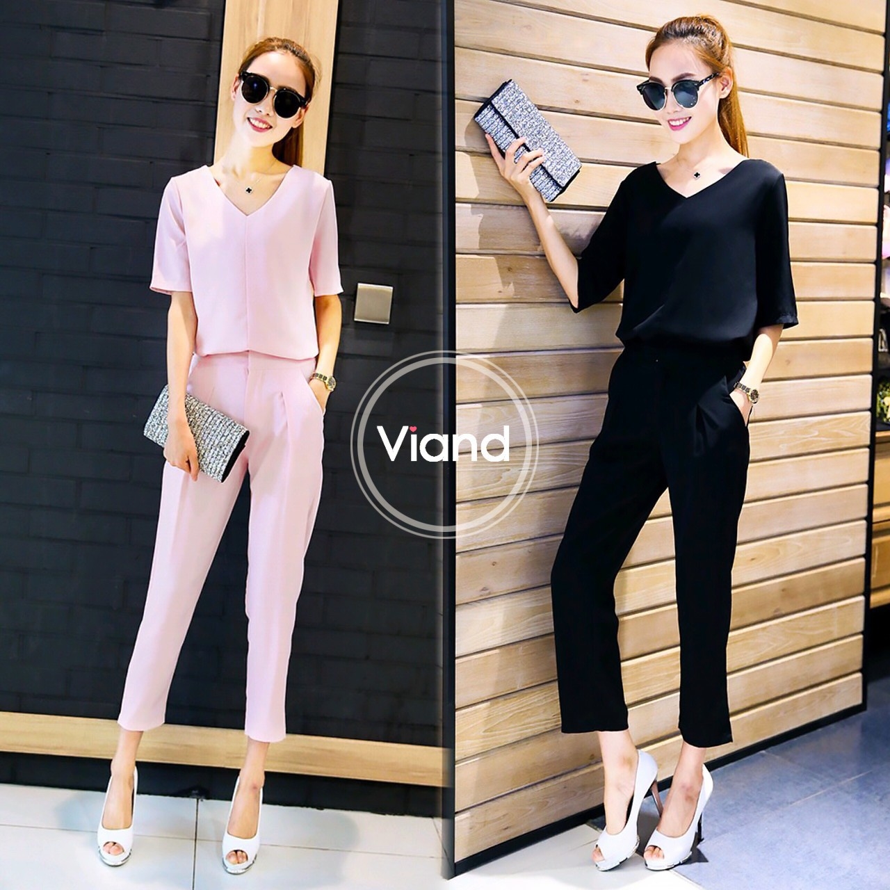 เสื้อผ้าเกาหลี พร้อมส่ง เสื้อคอวีกับกางเกง