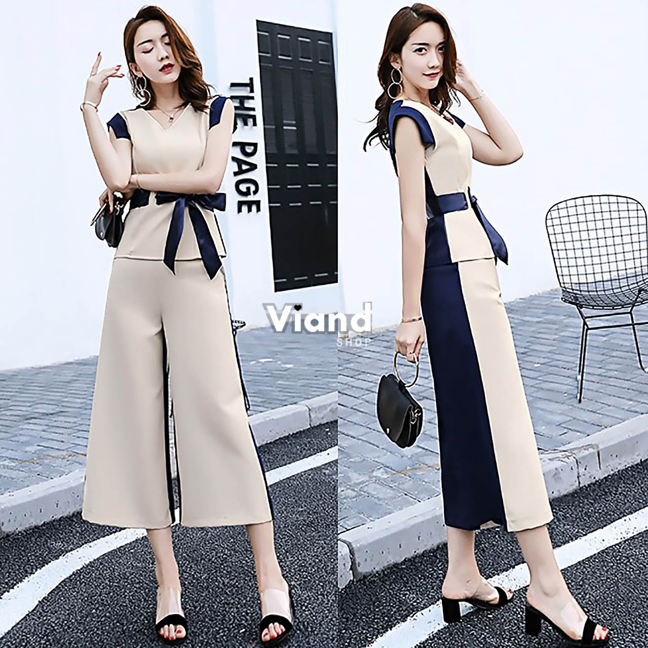 เสื้อผ้าเกาหลี พร้อมส่ง เสื้อคอวีซิปหลังสีทูโทน