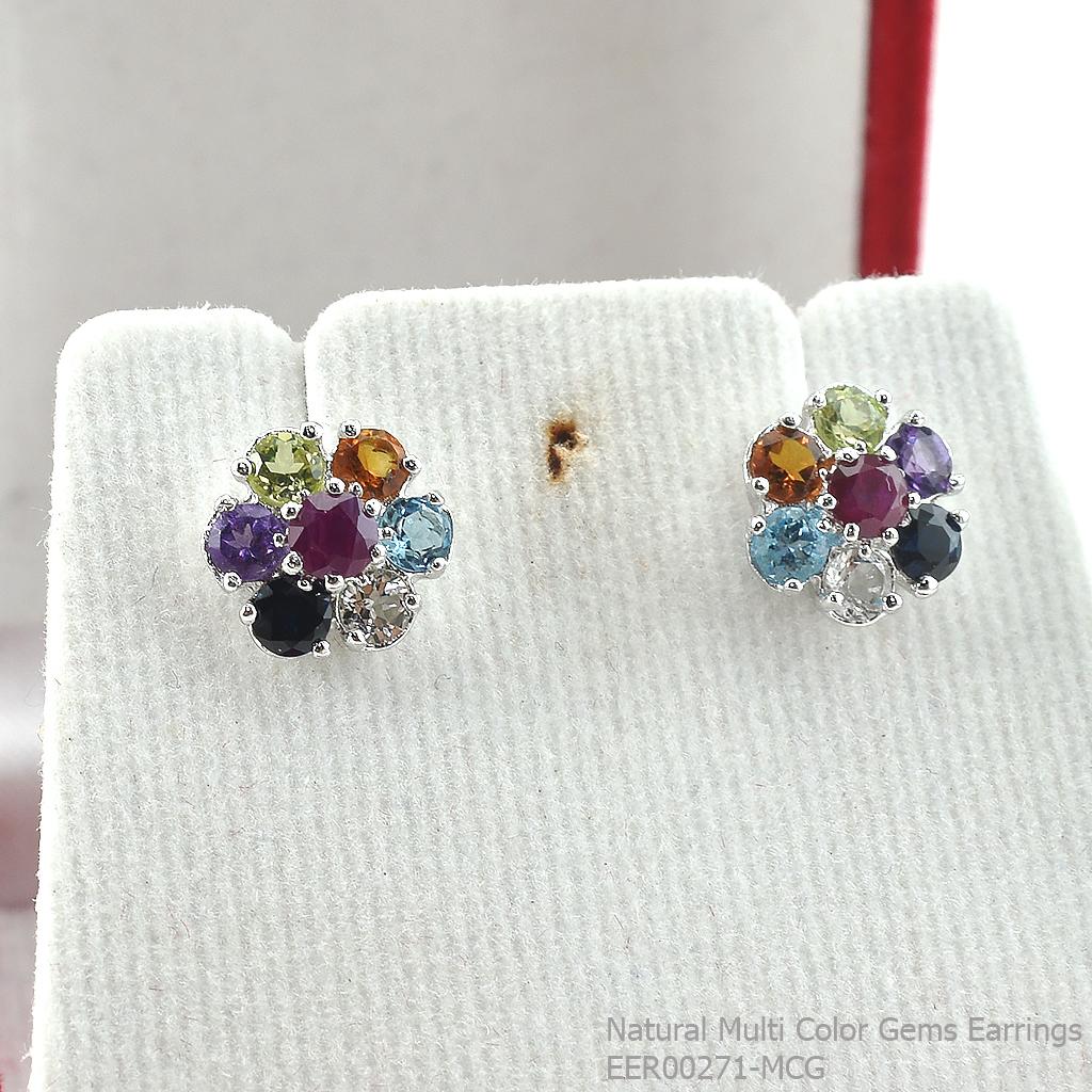 SKJewelryFactory EER00271-MCG ต่างหูพลอยแท้ คละสี ตัวเรือนเงินแท้ ดีไซน์ทรงดอกไม้ สีสันคัลเลอร์ฟูล