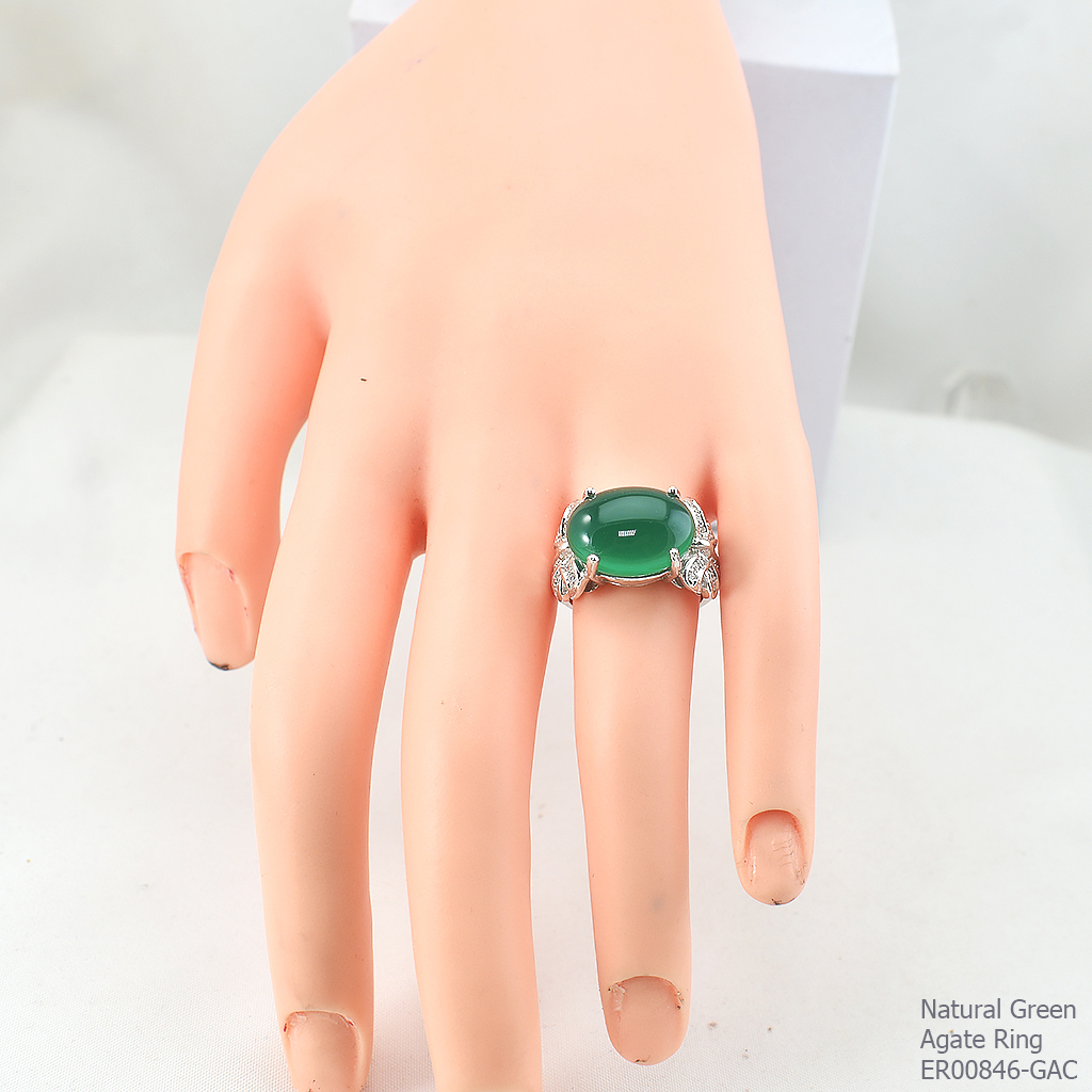SKJewelryFactory แหวนโบว์คู่ แหวนชูหัวพลอย เจียรนัยพลอยทรงหลังเบี้ย แวววาว เหมือนมีดวงตาเพิ่ม พลอยกรีนอะเกทแท้ ER00846-GAC