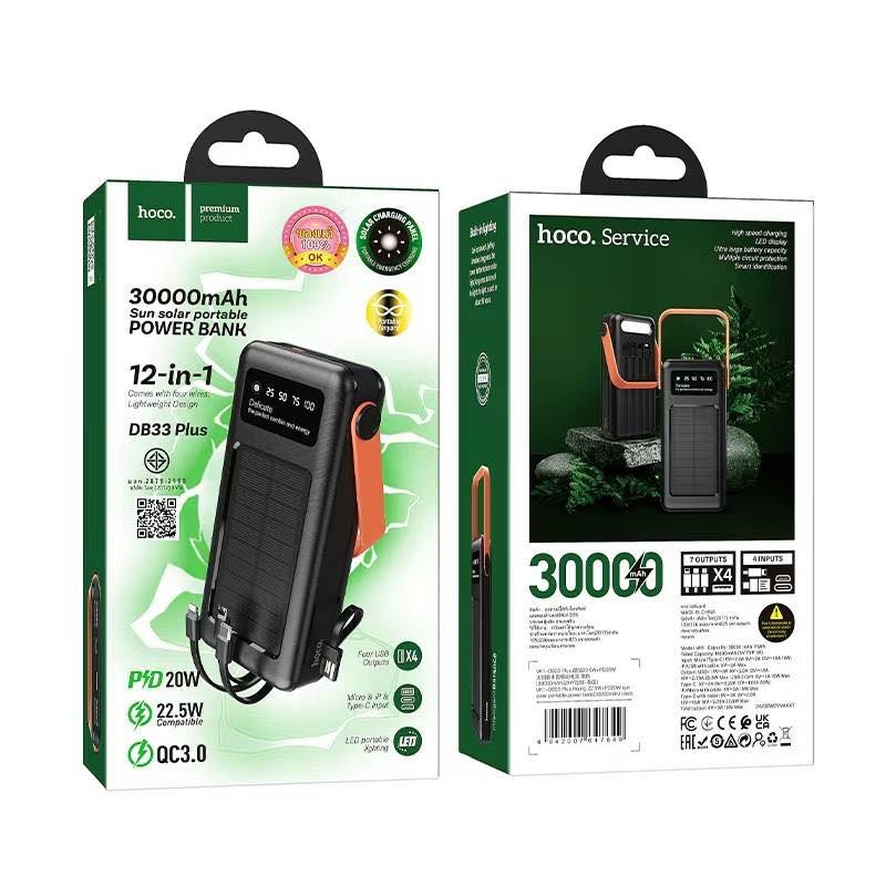 Hoco DB33 Solar Powered Cable LED PowerBank 30000mAh แบตสำรองโซล่าเซลล์
