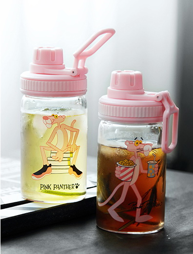 ขวดน้ำ ขวดนม Pink Panther พกพา แก้ว borosilicate ฝาดื่ม หมุนปิด มี 2 ขนาด 400 /500 ml.