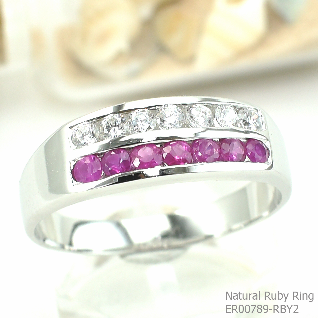 SKJewelryfactory แหวนเงินแท้ 92.5% ฝังพลอยทับทิมแท้ สลับเพชร สไตล์แหวนแถว ER00789-RBY2