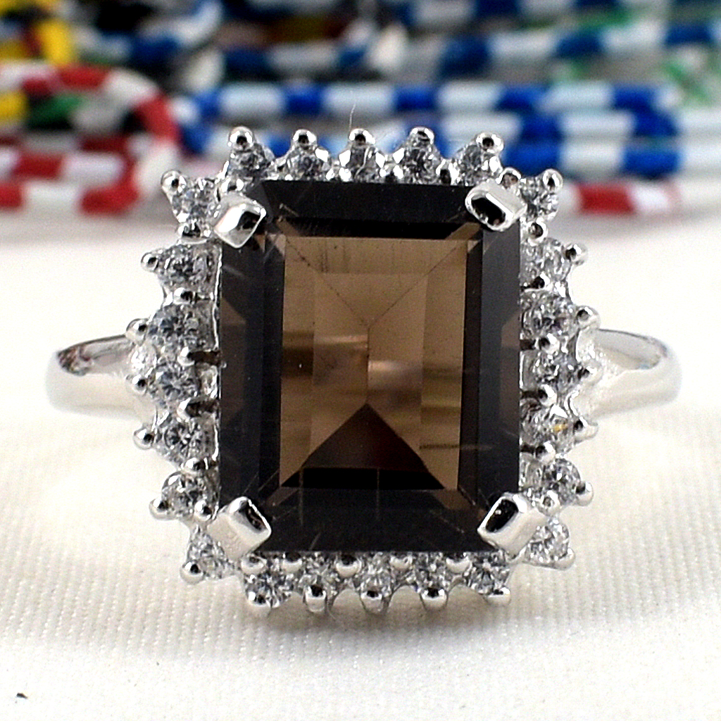SKJewelryFactory แหวนเงินแท้ 92.5% แหวนพลอยหน้าสี่เหลี่ยม พลอยสโมกกี้ควอทซ์แท้ ER01140-SMQ