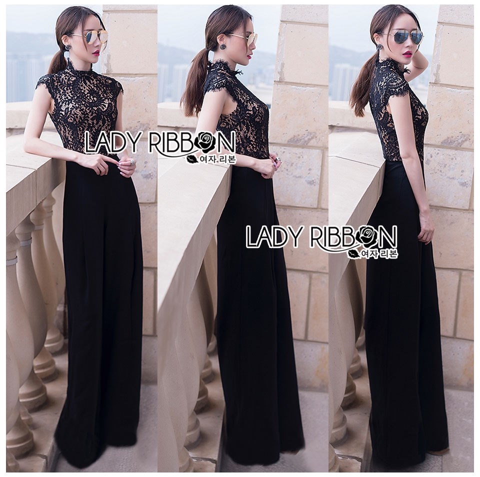 เสื้อผ้าเกาหลี พร้อมส่ง จัมป์สูท ผ้าลูกไม้และผ้าเครปสีดำ