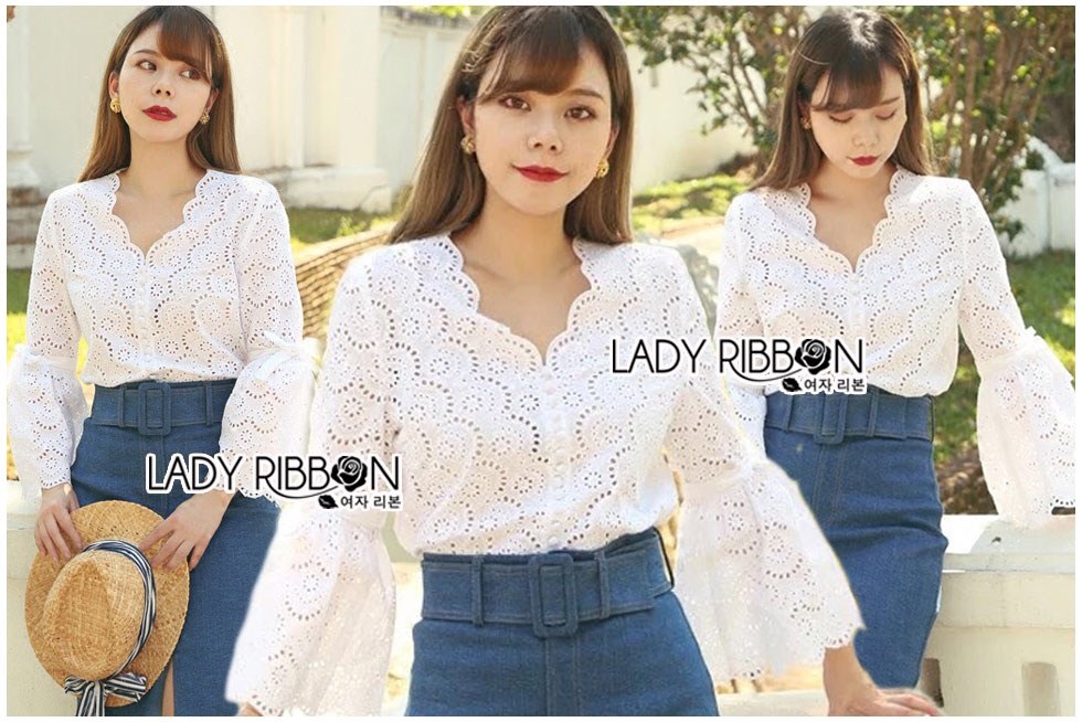 เสื้อเกาหลี พร้อมส่ง เสื้อ ผ้าคอตตอนฉลุลาย