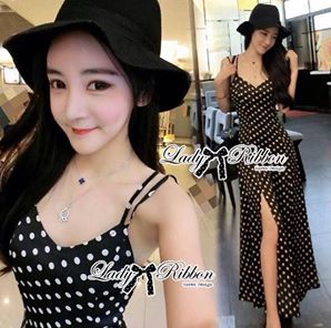 พร้อมส่ง เดรสยาวสายเดี่ยวพิมพ์ลายจุดทั้งตัว