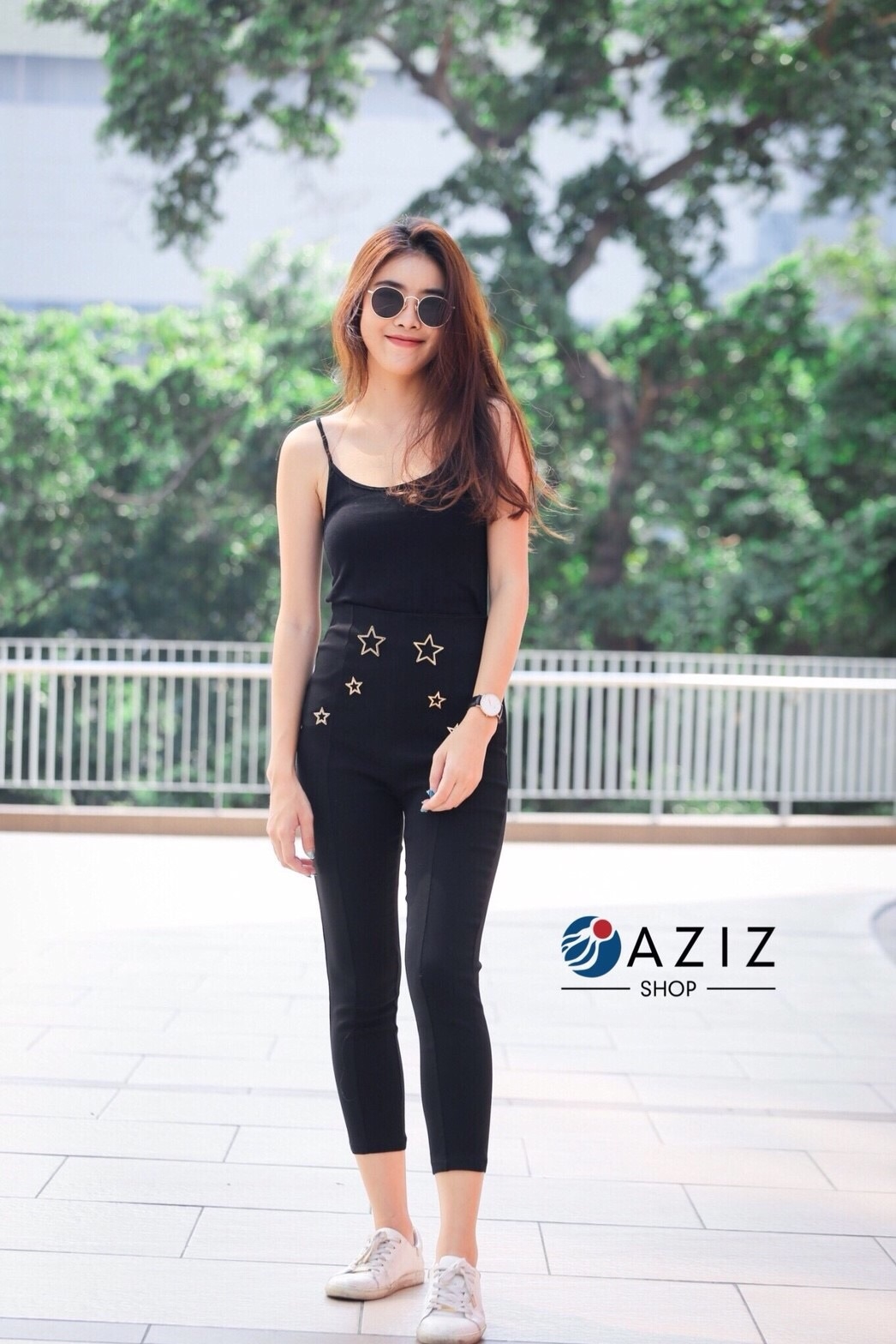 พร้อมส่ง กางเกงเอวสูง ขาเดฟ แต่งลายดาว