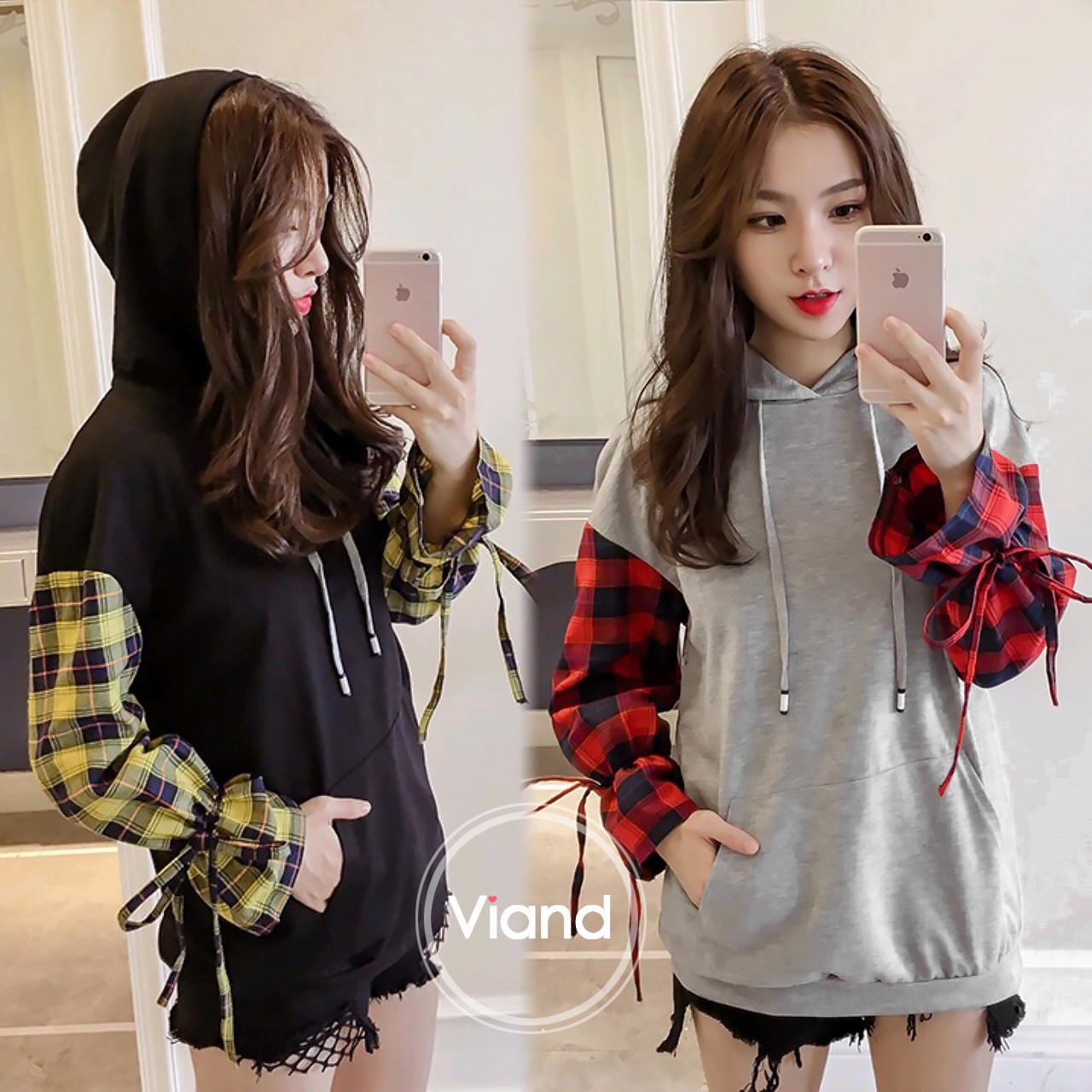 เสื้อเกาหลี พร้อมส่ง เสื้อตัวยาว ช่วงแขนลายสก๊อต