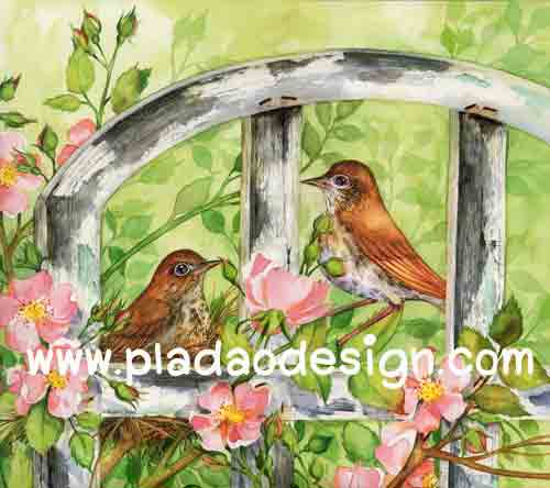 กระดาษสาพิมพ์ลาย สำหรับทำงาน เดคูพาจ Decoupage แนวภาำพ นกน้อยสีน้ำตาล 2 ตัว มานั่งจู๋จี๋กันอยู่ในสวนดอกไม้สีชมพู สีคลาสสิคสวยหวาน (ปลาดาวดีไซน์)