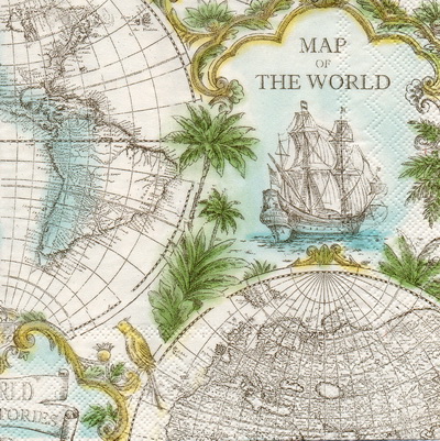 แนวภาพวินเทจ Vintage World Map พื้นครีม กระดาษแนพกิ้นสำหรับทำงาน เดคูพาจ Decoupage Paper Napkins ขนาด 33X33cm