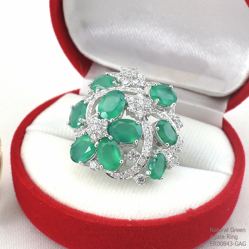 SKJewelryFactory แหวนดอกไม้พุ่มใหญ่ สีเขียวขจี สีนี้เหมาะสำหรับคนเกิดวันพุธ แหวนพลอยกรีนอะเกทแท้ ER00843-GAG