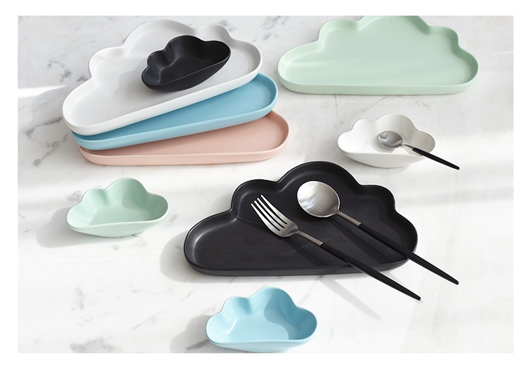 Pre-Order จาน ถ้วยเซรามิคลายเมฆ พร้อมเม็ดฝน มี 5 สี