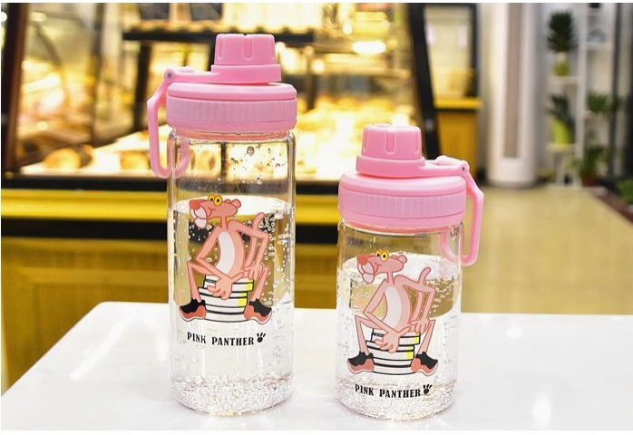 ขวดน้ำ ขวดนม Pink Panther พกพา แก้ว borosilicate ฝาดื่ม หมุนปิด มี 2 ขนาด 400 /500 ml.