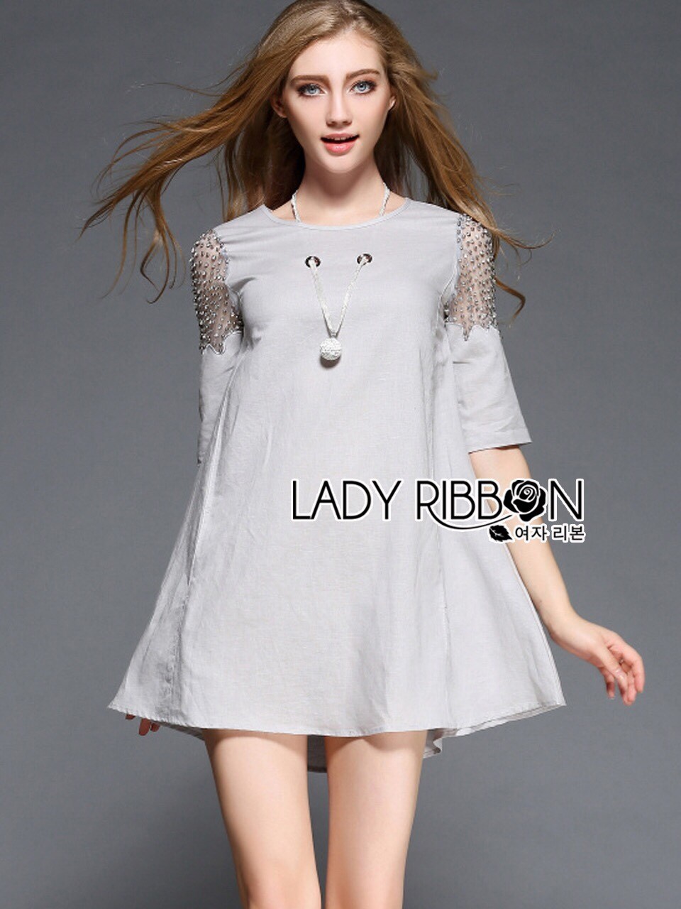 พร้อมส่ง เดรสผ้าลินินคอตตอนสีเทาปักเพชร