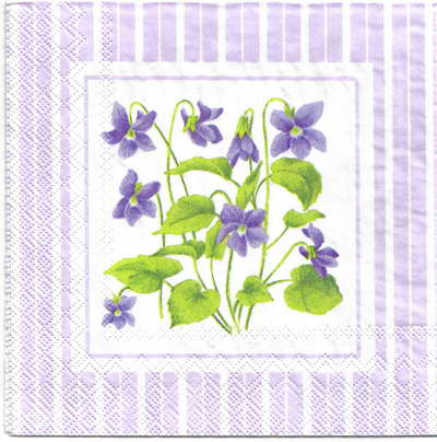 แนวภาพดอกไม้ ช่อดอก Sweet Violet กรอบลายทางม่วง เป็นภาพแนวยาว กระดาษแนพกิ้นสำหรับทำงาน เดคูพาจ Decoupage Paper Napkins ขนาด 33X33cm