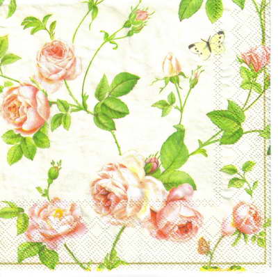 แนวภาพดอกไม้ Rambling Rose กุหลาบเลื้อย พื้นขาว เป็นภาพเต็มแผ่น กระดาษแนพกิ้นสำหรับทำงาน เดคูพาจ Decoupage Paper Napkins ขนาด 33X33cm