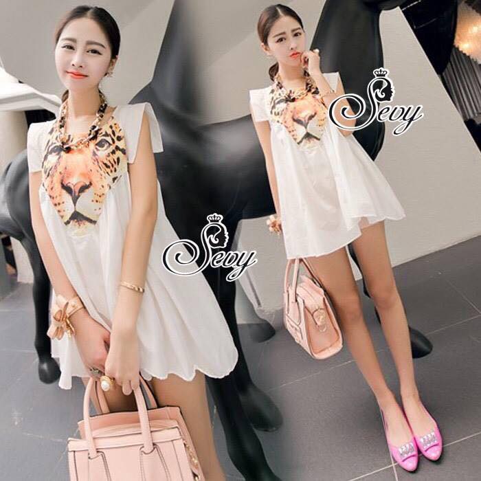 พร้อมส่ง มินิเดรส สกรีนลายหน้าเสือช่วงอก