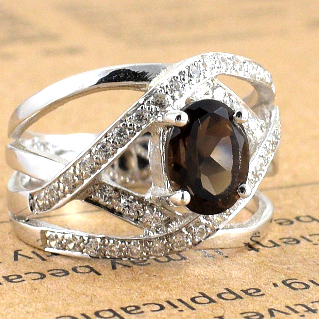 SKJewelryFactory แหวนพลอยสโมกกี้ควอทซ์แท้ พลอยสีน้ำตาลอมดำ แบบแหวนเก่ๆ ER00879-SMQ
