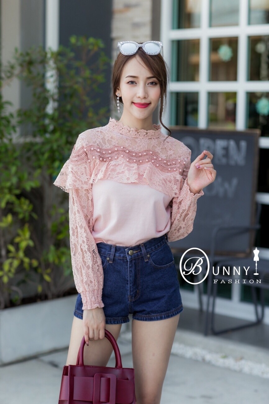 เสือเกาหลี พร้อมส่ง เสื้อลูกไม้ คอปีน ตัดต่อผ้ายืด