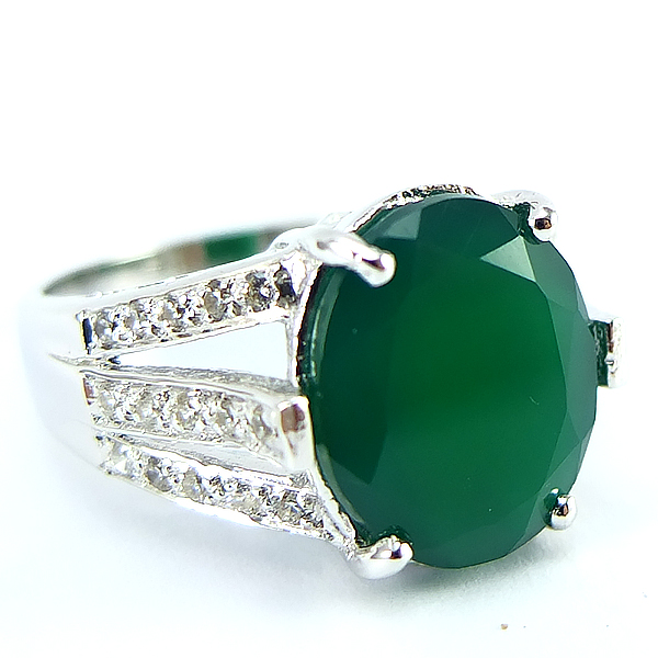 SKJewelryFactory แหวนพลอยแท้ สีเขียวเม็ดใหญ่ แหวนเงินแท้ 92.5% ฝังพลอยกรีนอะเกทแท้ ER02151-GAG