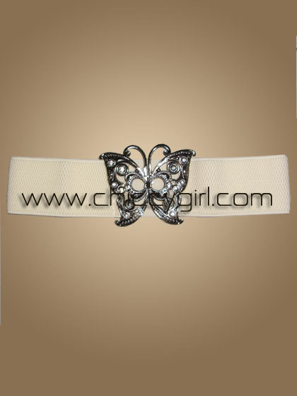 เข็มขัดสีครีม หัวเหล็กรูปผีเสื้อ แบบหรูหรา เข้ากับชุดสีครีม เบจ และน้ำตาล