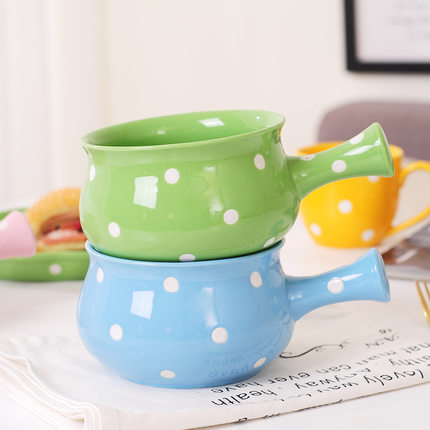 Pre-Order ชามทรงหม้อ ชามมาม่า ซุป ก๋วยเตี๋ยว พร้อมถาดรอง ใส่ขนมได้ ลายจุด Polka Dot น่ารักๆ มีให้เลือก 6 สี