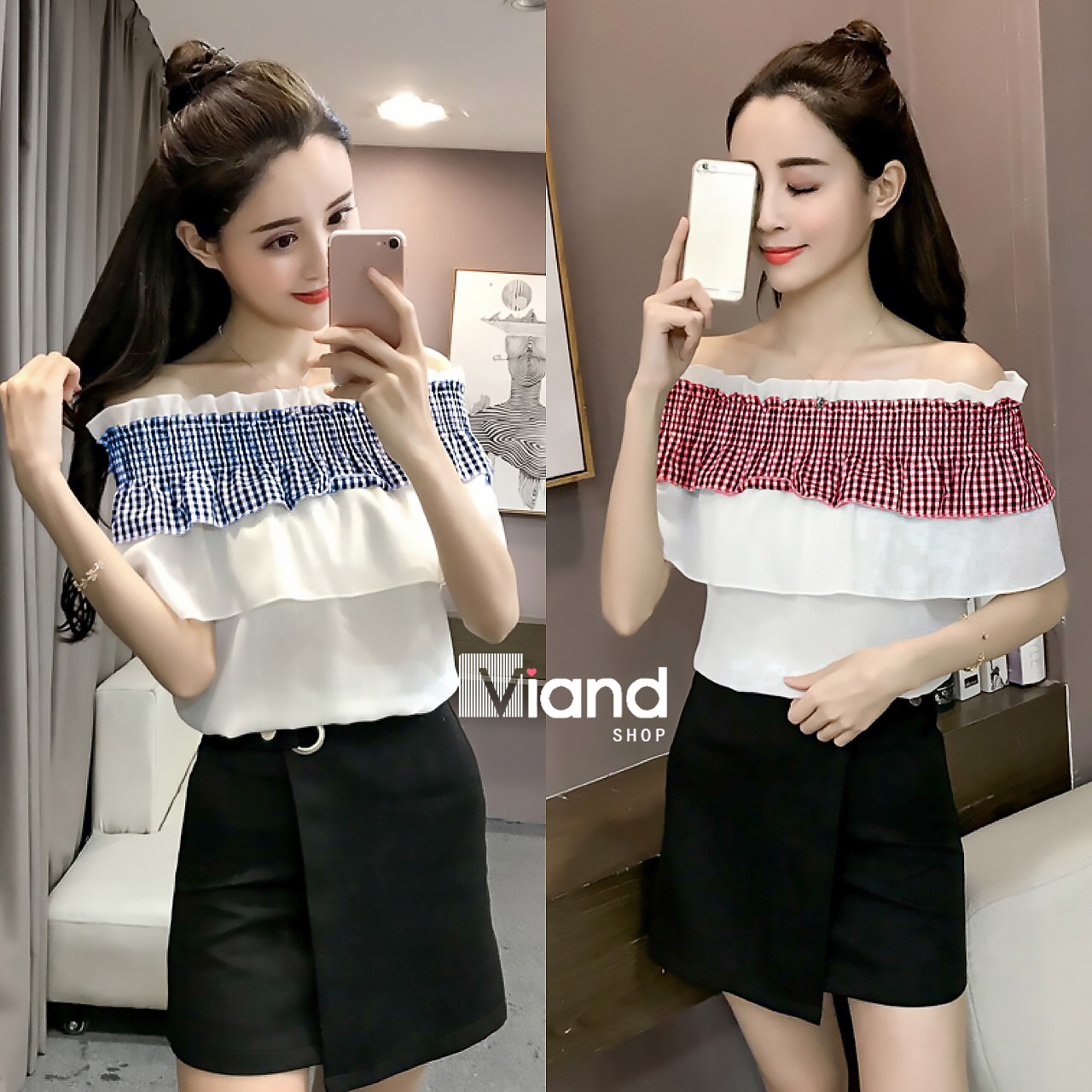 เสื้อเกาหลี พร้อมส่ง เสื้อปาดไหล่ สไตน์สาวหวาน